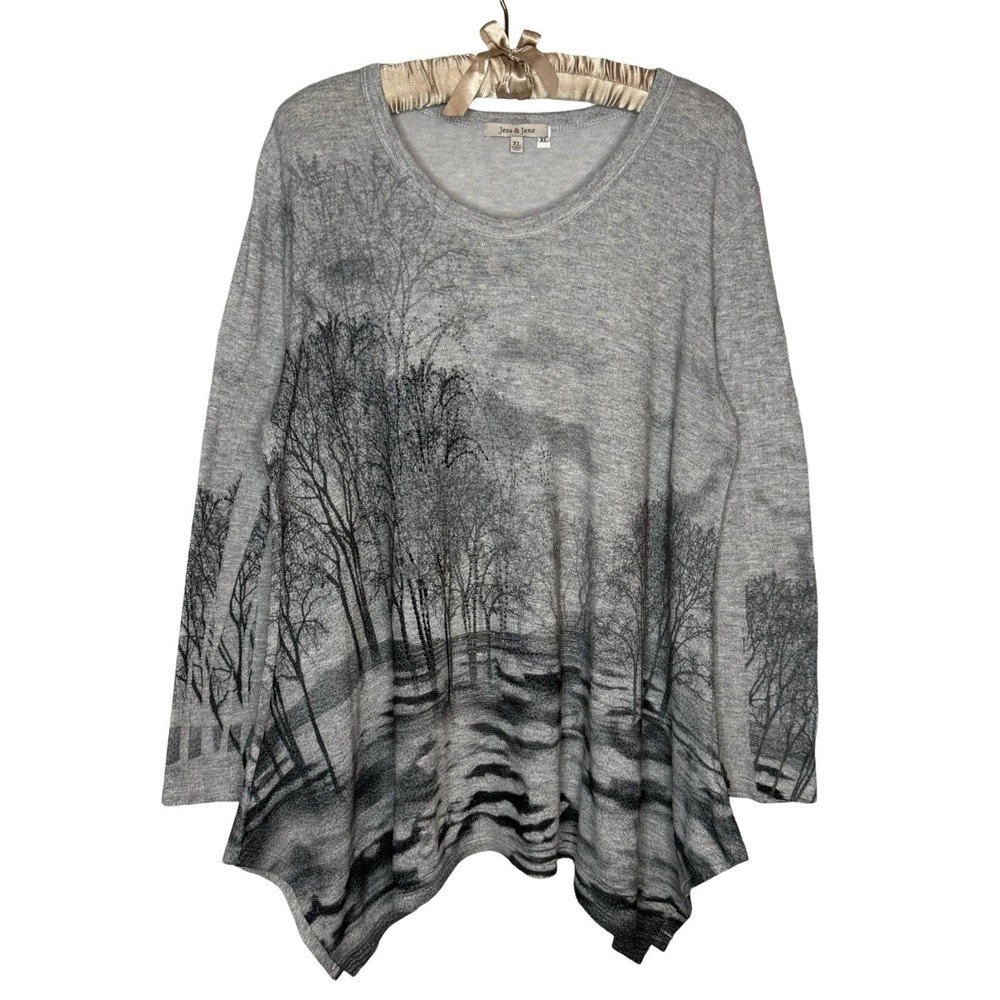 JESS & JANE XL Tunic Top Gray Forest Nature Asymmetric Slinky Knit Art USA Made